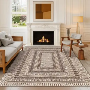 Geometric Border Rug Woven and Printed Rug Washable Area Rug Soft Non-slip Ultra-thin Foldable Interior Decorative Rug for Living Room Bedroom Office Dining Room Laundry Room Entryway and Game Room kitchen linen carpet
