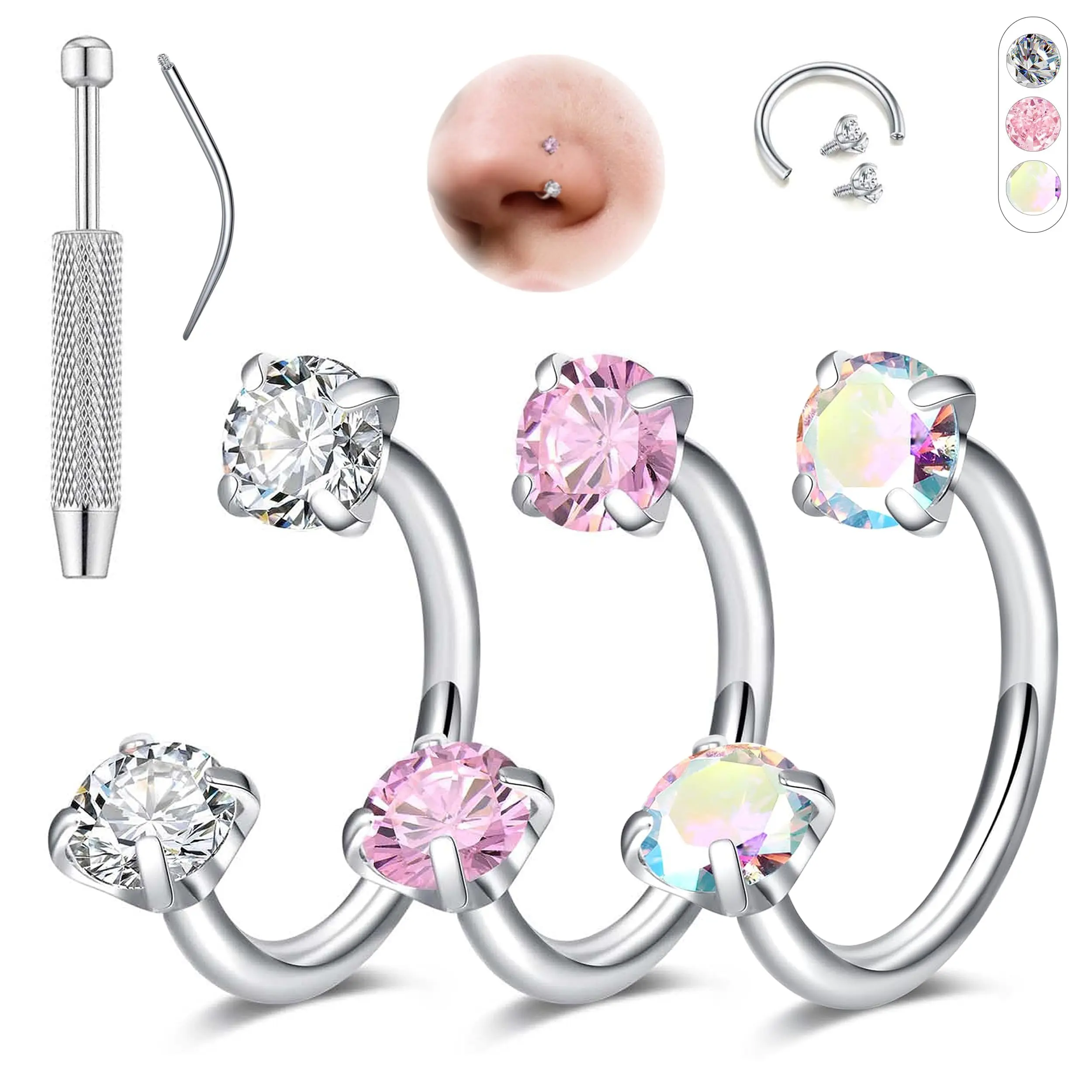 Horseshoe Nose Rings Set in 18G Surgical Steel, Unisex Body Jewelry with 3 CZ Colors for Nose Piercing, Helix Earring & Lip, 6-8mm with Tool Kit, Non Tarnish Jewelry, Accessories For Women, Cubic Zirconia, Engagement, Curved, Double Gems, Safe Metal, Rose