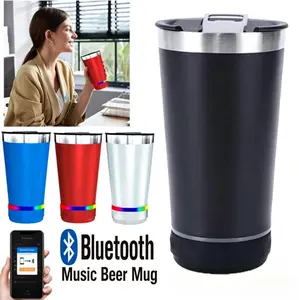16oz Stainless Steel Insulated Mug with Bluetooth Speaker and Rechargeable Wireless Audio, Built-in Multi-Color LED Lights, Portable Coffee Cup for Travel & Gifts