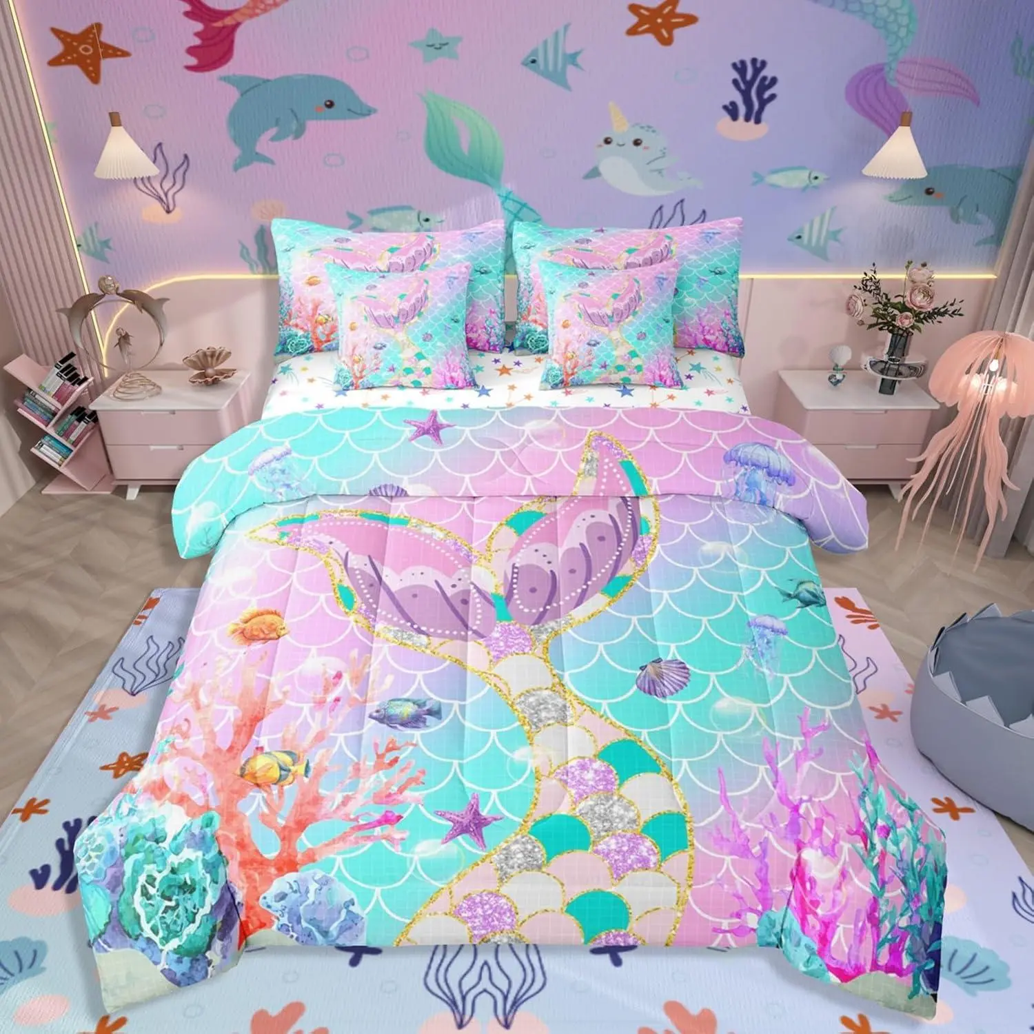 Feelyou 7-Piece Mermaid Tail Queen Comforter Bed Set - Fish Scales Girly Ombre Rainbow Comforter, Teal Sequins Pastel Pink Sheet Set for Girls, Queen Comforter Set