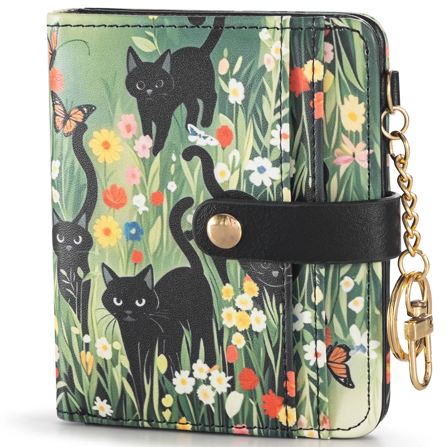 Cat Wallet for Women RFID Blocking, Cute Leather Bifold Wallet, Slim Card Holder with Coin Pocket, Compact Floral Purse, Small Wallet with Keychain, Gift for Her