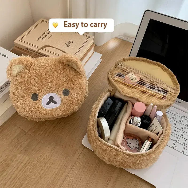 Women's Cutecore Fabric Makeup Bag - Kawaii Relaxed Bear Plush Drawstring Pouch, High-Capacity Portable Organizer for Travel Toiletries & Jewelry, Beauty Storage Pouch, Cosmetic Pouch