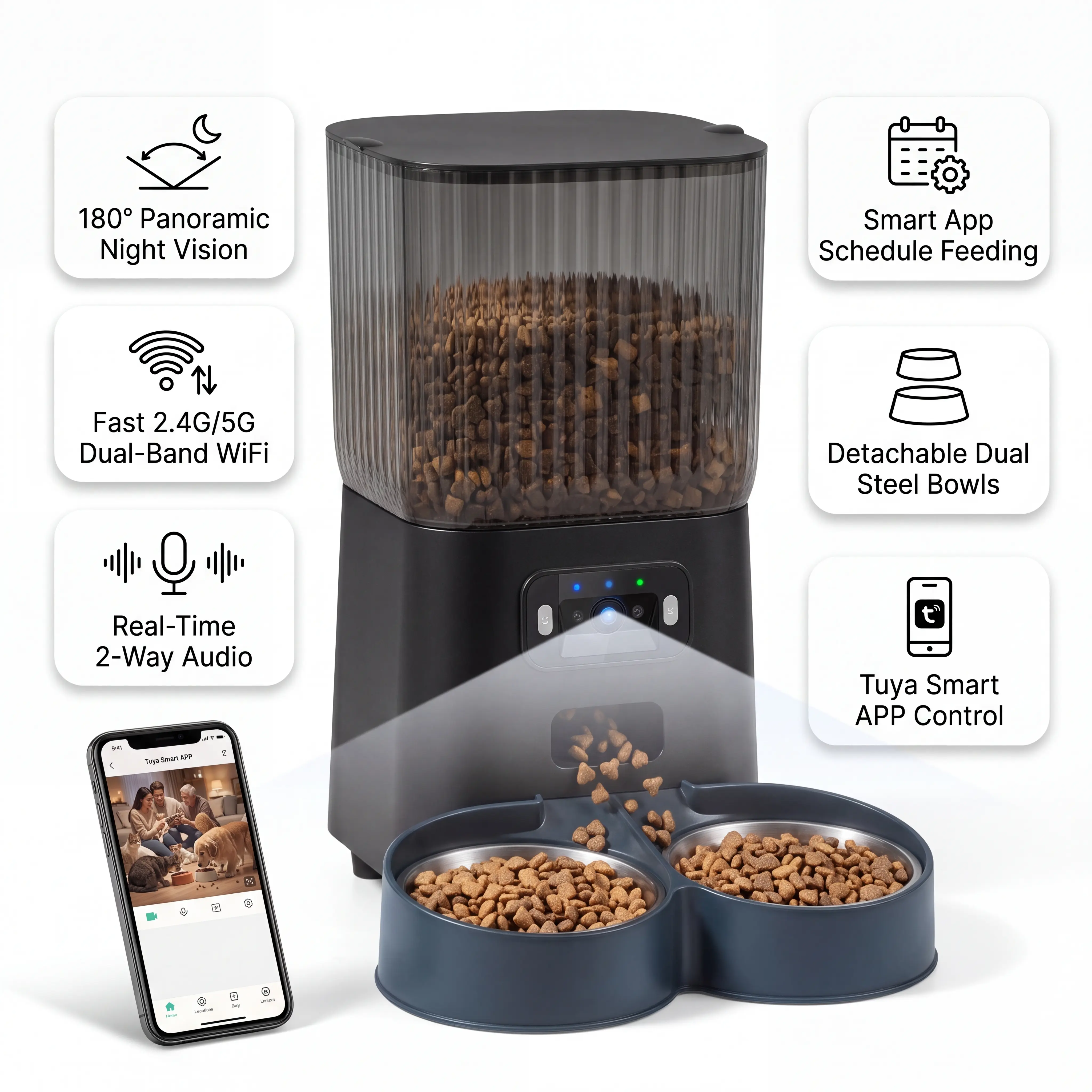Tuya Modern Smart 5L Automatic Pet Food Feeder with Feed Hopper for Multi-Pet Families - 1080P 180° Wide-Angle Camera, Infrared Night Vision, 2.4G/5GHz WiFi, Remote Feeding, Motion Alerts, 2-Way Talk, Double Stainless Steel Bowls