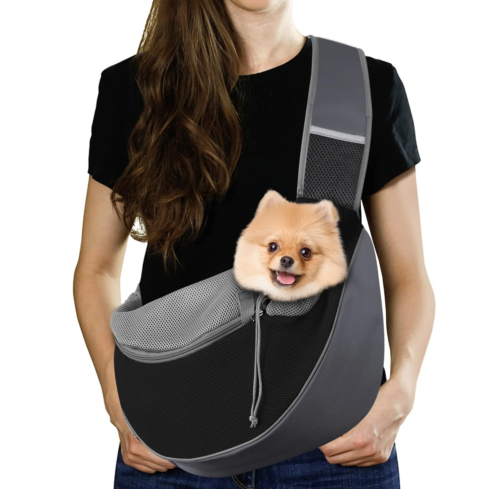 Pawaboo Pet Dog Sling Carrier, Hand Free Drawstring Dog Papoose with Adjustable Strap, Breathable Mesh Bag for Puppy Cat, Crossbody Satchel Dog Purse with Pocket for Outdoor, Dark Gray+Black