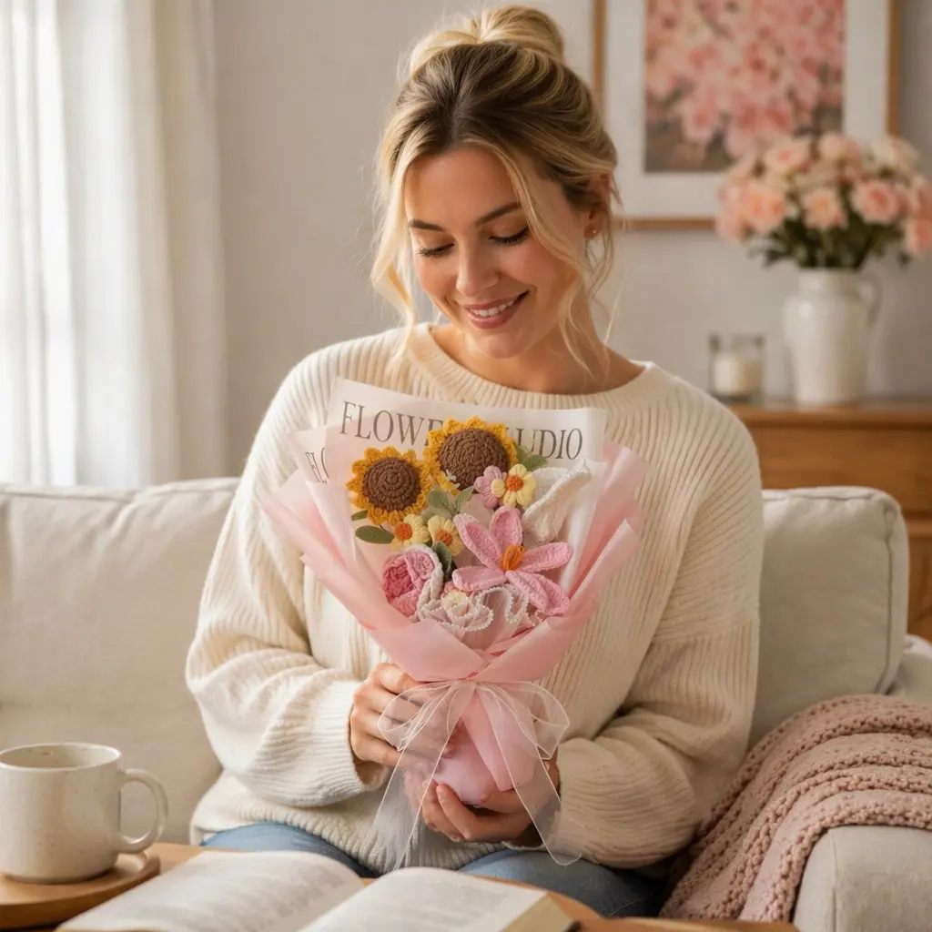 Handmade Cotton Yarn Decorative Flower Bouquet - 7Pcs Sunflowers, Tulips, Roses, Wedding Decor Floral Arrangement, Graduation/Birthday Gift for Women (Sunflower Theme), Calla Lily Bouquet Artificial Flowers