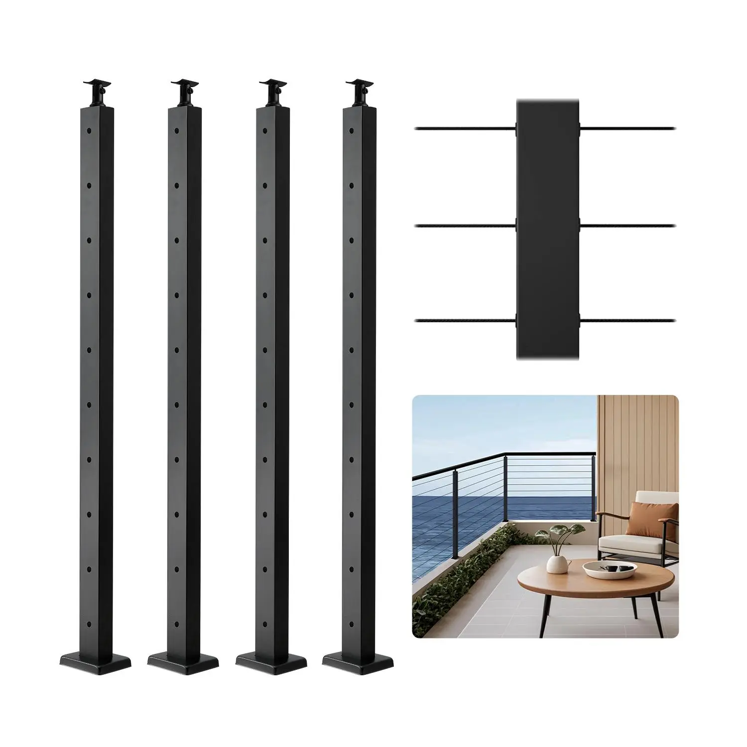 【SummerFinds】VEVOR 4-Pack Cable Railing Post,  36x2x2 In Horizontal-Hole Deck Railing Post with Pre-Drilled Holes, Stainless Steel Cable Rail Post with Horizontal and Curved Bracket, Black, 4JZLGZXHS914MY65M001V0
