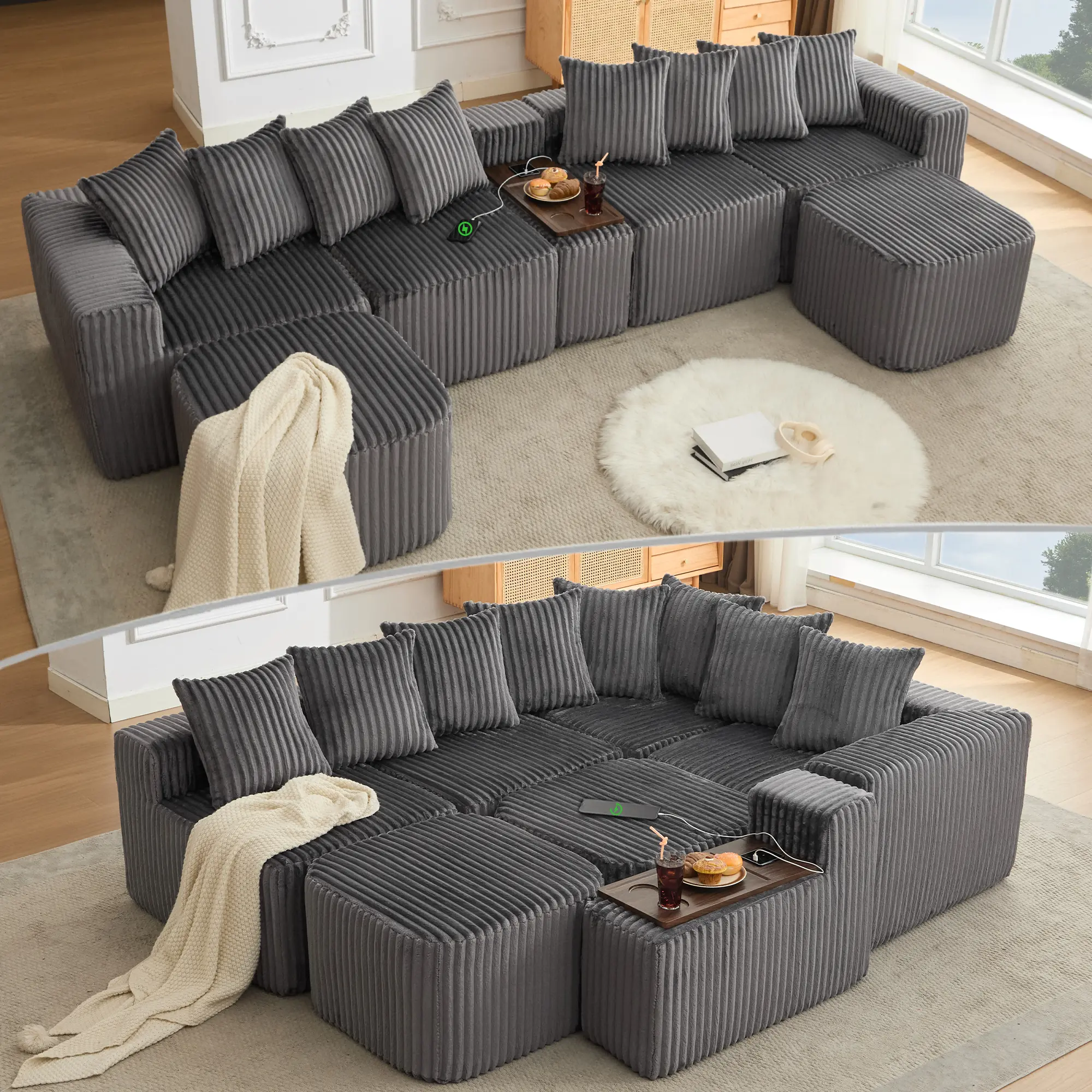 Eyisean 137.5-inch Wide Boneless Upholstered Couch - 8-in-1 Comfy Oversized Customizable Sectional, Fixed Arms, 72h Plush Expand, Ottoman, Pillows, Coffee Table Board, 2 Cup Holders, Built-in USB/Wireless Charger, No-Assembly Home Entertainment Sofa