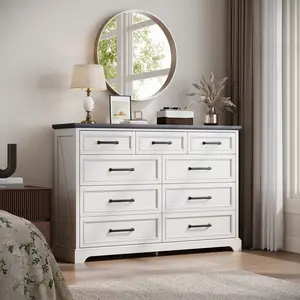 LINGMU 52" Farmhouse Dresser with 9 Drawers Widen Metal Matte Handles Rustic Style for Bedroom Living Room Study Weathered Wood Finish