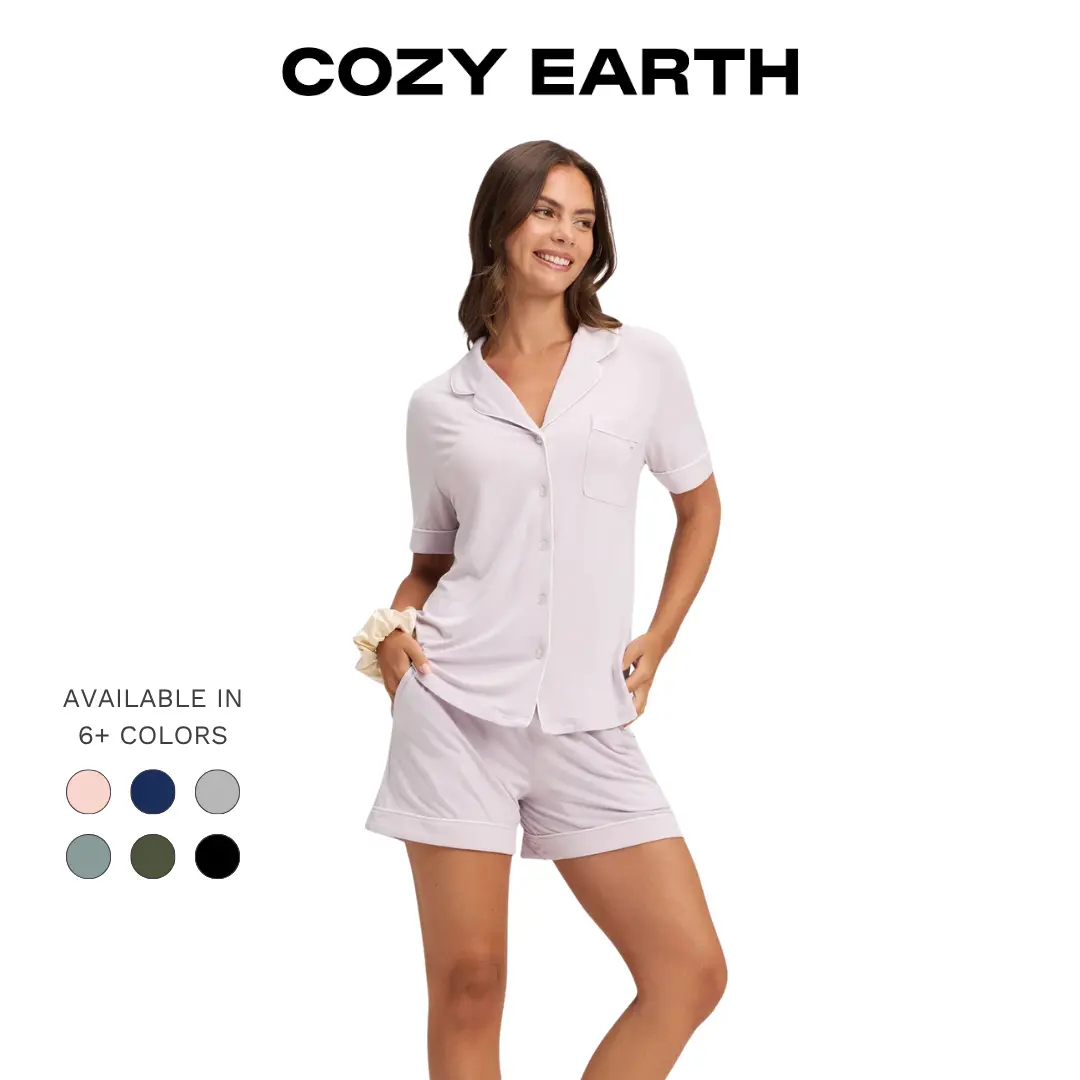 Cozy Earth Women’s Bamboo Stretch-Knit Pajama Set | Soft, Breathable Short Sleeve Set | Moisture-Wicking, Comfortable Fit, Pockets & Elastic Waistband
