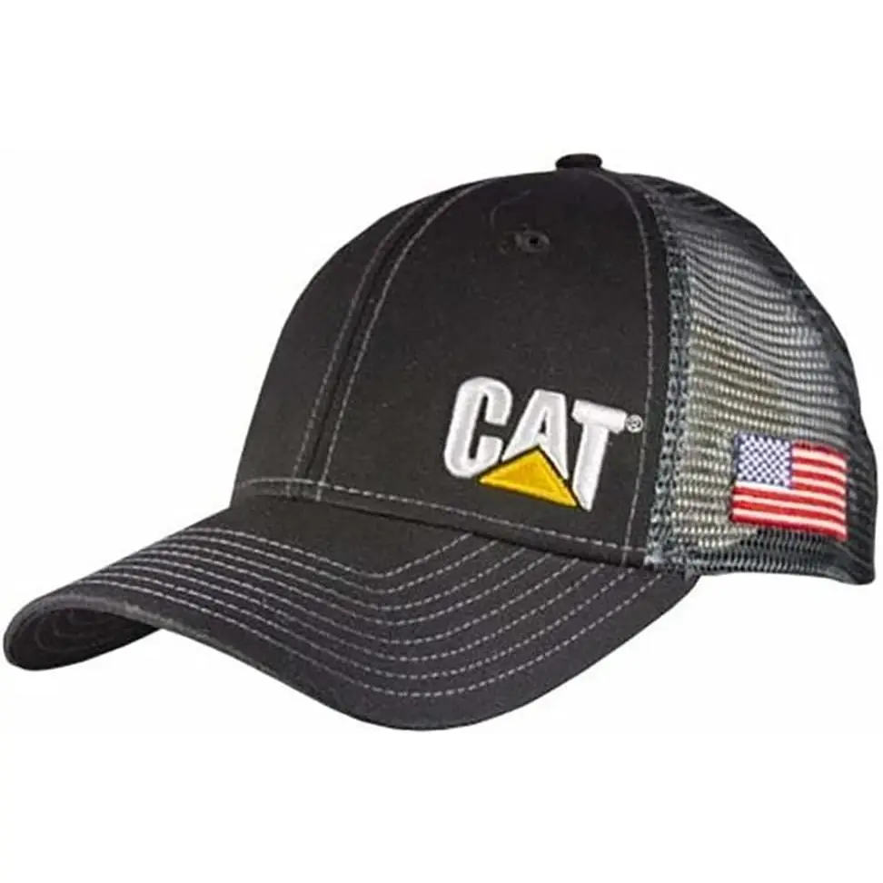 Caterpillar Equipment Black Chino Trucker Snapback Mesh USA Patrioc American Flag Tag Cap/Hat