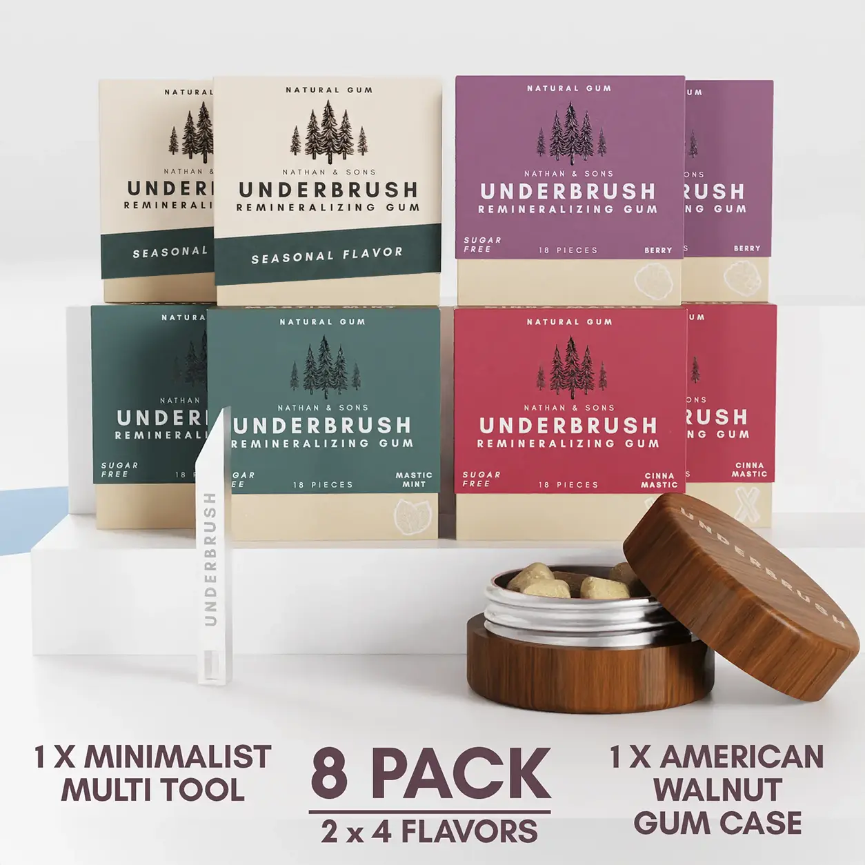 Underbrush Gum 8-Pack Bundle | All Flavors + Walnut Case & Multi Tool