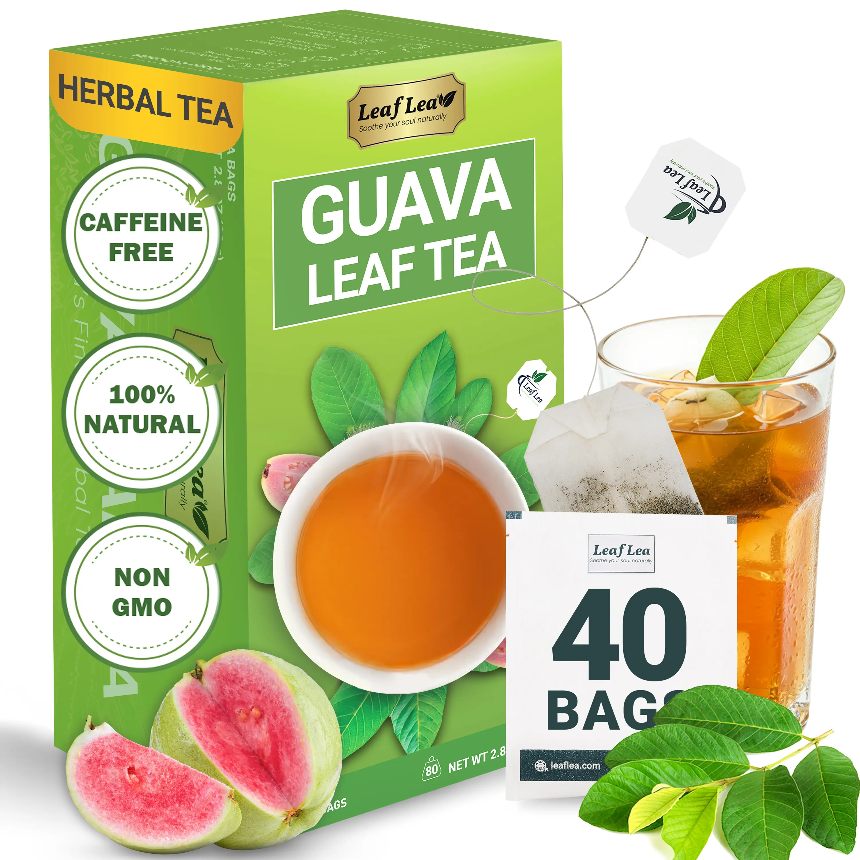LeafLea Guava Leaf Tea, Individually Wrapped Tea Bags, Made from 100% Natural Guava Leaves (Hojas De Guayaba), Supports Digestion & Wellness, Caffeine-Free, Sugar-Free, Vegan, Non-GMO