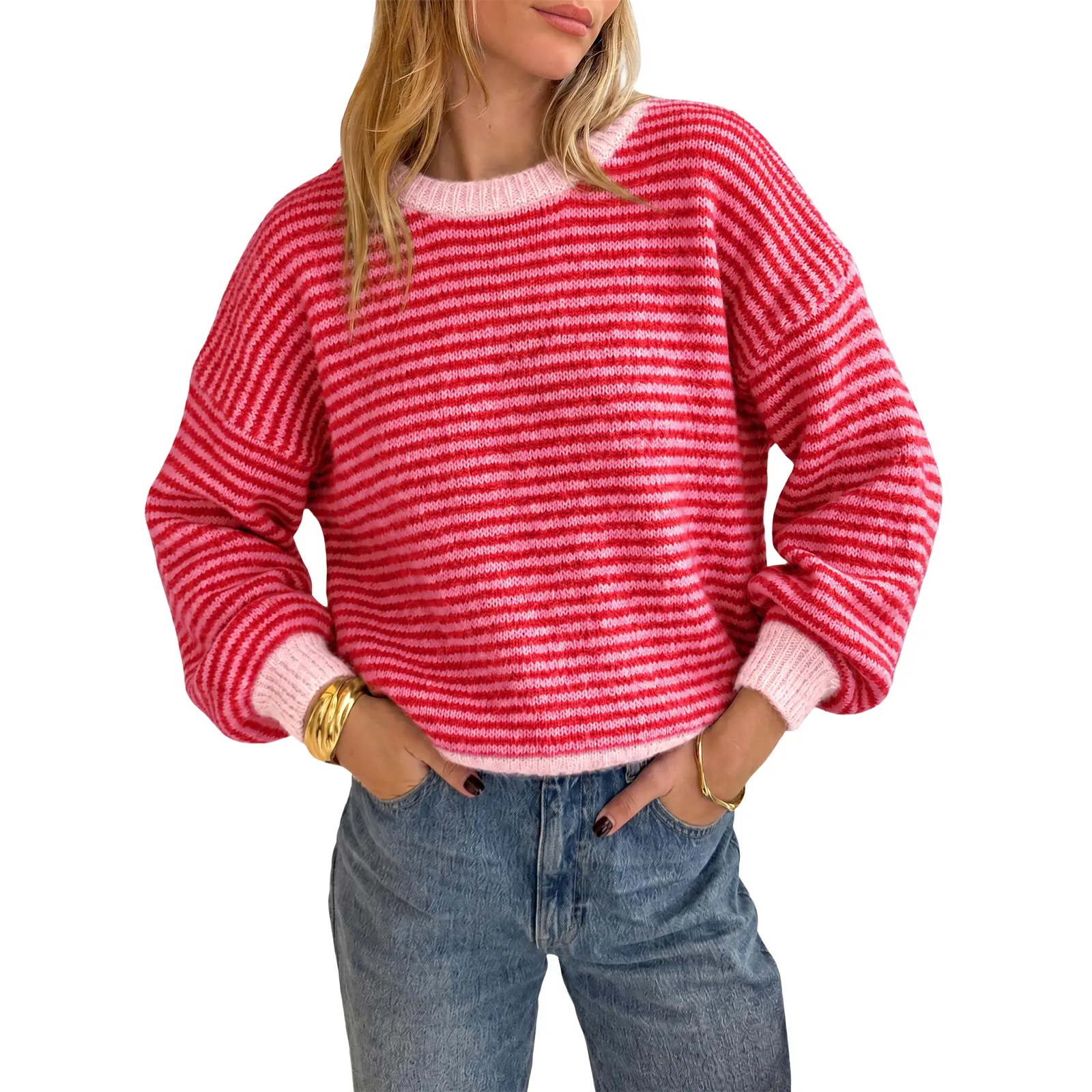 Cicy Bell Womens Striped Sweater Casual Loose Fit Color Block Knit Pullover Sweaters Crewneck Long Sleeve Tops