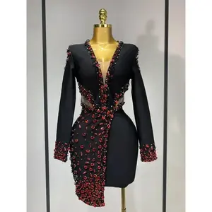 Luxury Birthday Women Celebrity Sexy Long Sleeve V Neck Rhinestone Black Bandage Dress 2025 Elegant Evening Club Party Dresses vibrant day