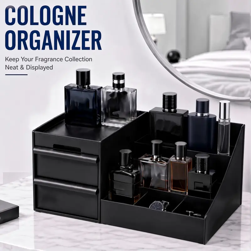 Men's Cologne organizer - cosmetic storage box, bathroom countertop organizer, durable plastic cosmetic storage container, multi-layer cosmetic box with drainage design, multi-functional storage box