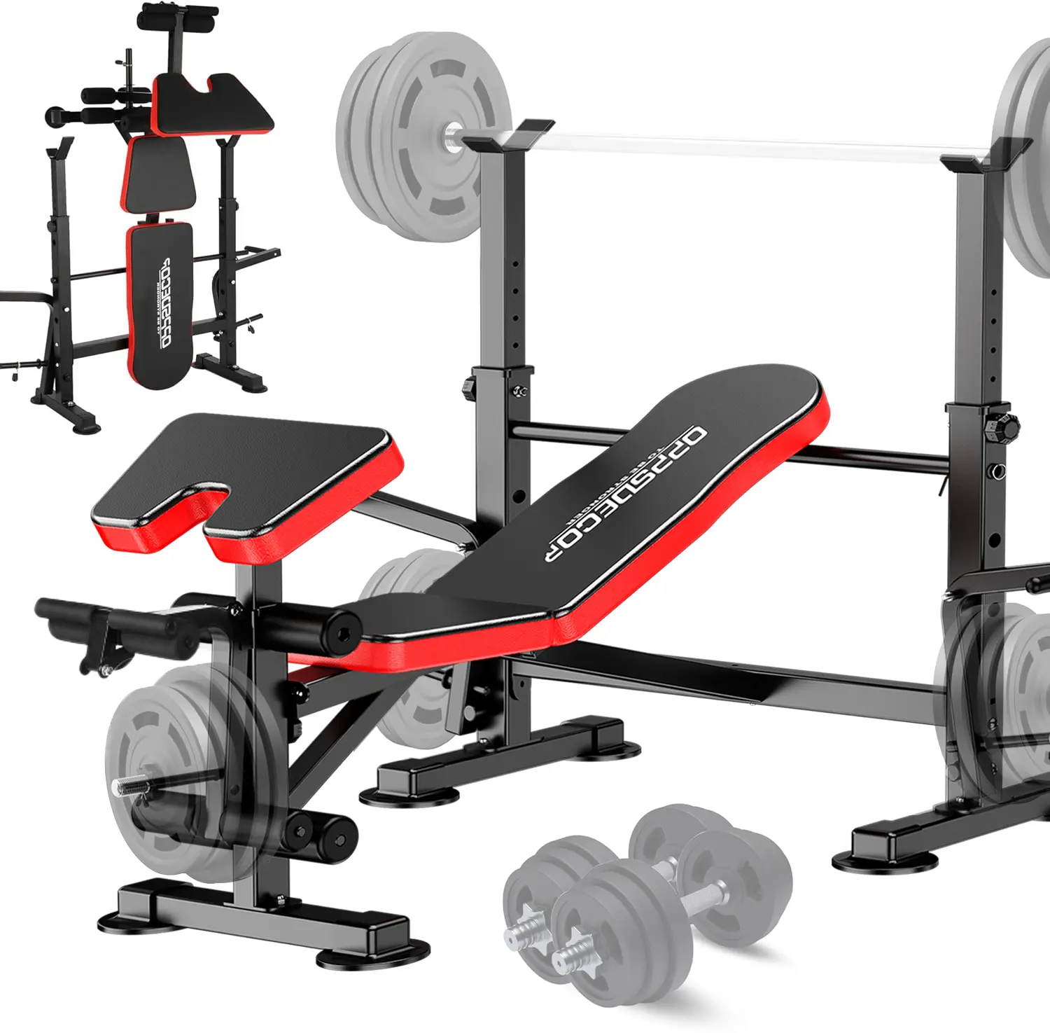 OPPSDECOR 6-in-1 Adjustable Lifting Bench Set - 900LBS Foldable Bench Press Rack with Leg Extension, Leg Curl, Preacher Curl, Home Gym Resistance Training Workout At Home Gym Equipment (Weights & Dumbbells Not Included), SummerWins