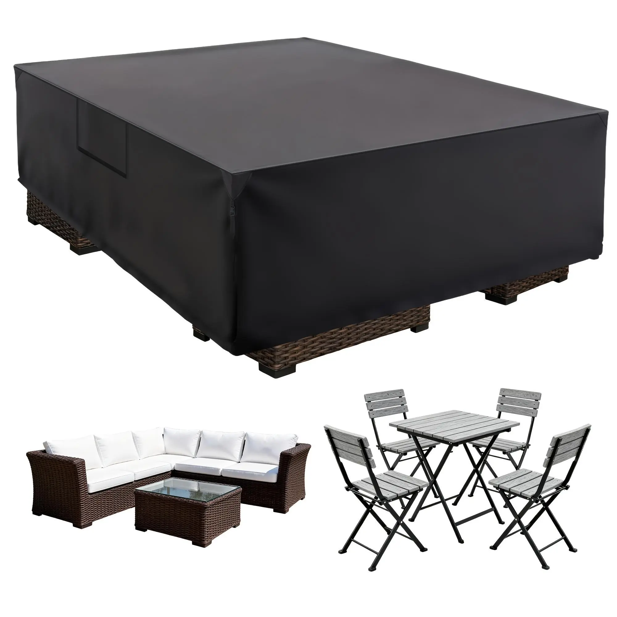 600D Waterproof Patio Furniture Cover Rectangular, Heavy Duty Outdoor Cover for Dining Table and Chairs, UV Resistant with Breathable Vents & Elastic Hem, Adjustable Straps for Secure Fit, 3 Sizes for Sectional Sofa Sets