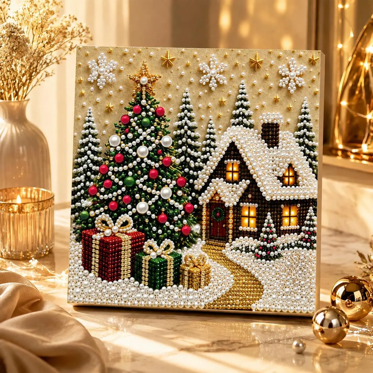 10‘’x10‘’DIY Christmas Pearl Diamond Painting Art Kit with Frame  3D Pearl Art Craft Kit, Christmas Pearl Beads Art Craft for Adults Beginner, Gemstone Diamond Dots Beads for Home Wall Decor