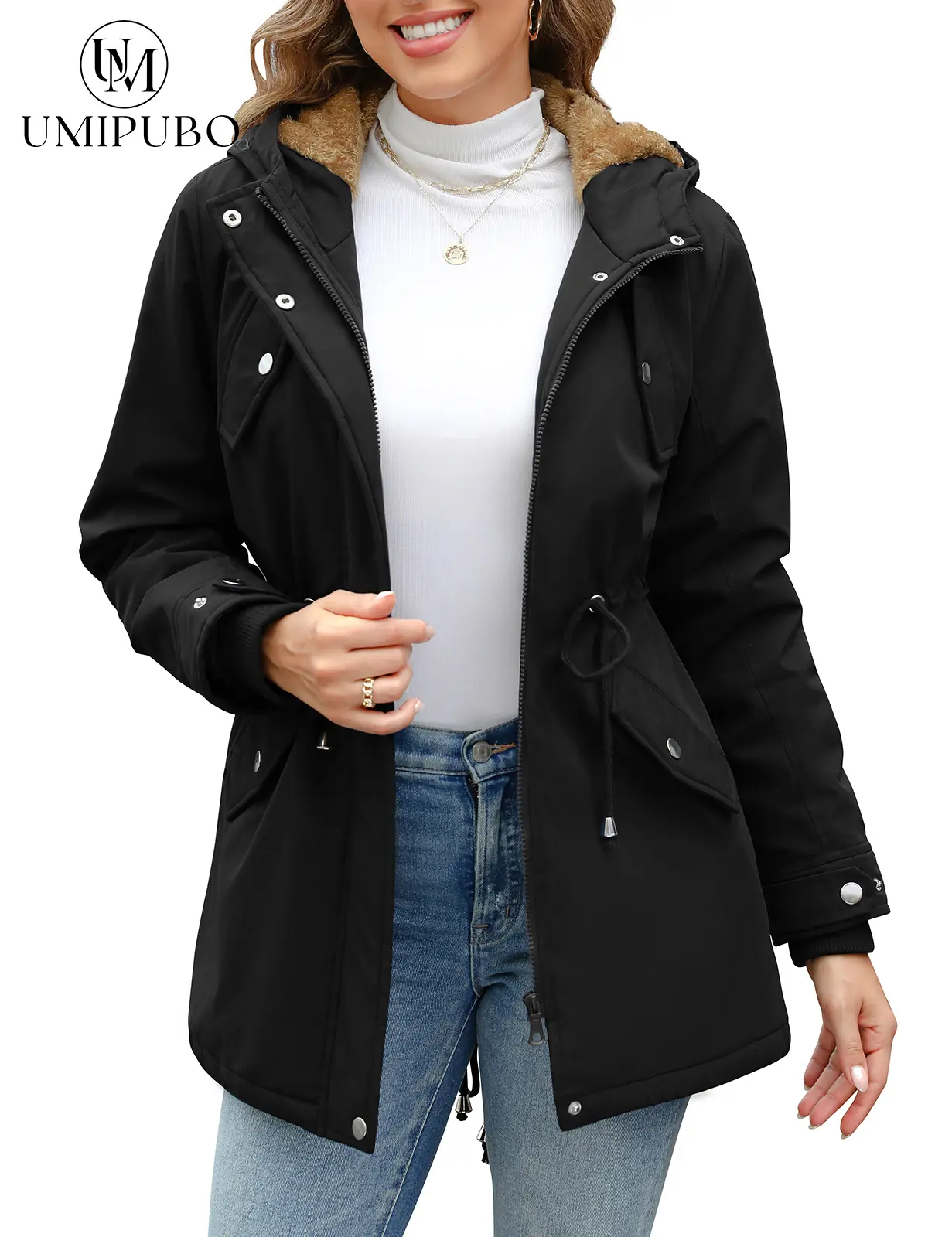 UMIPUBO Women's Winter Fleece Thicken Coat Water-Repellent Hood Parka Jacket Warm Zipper Outerwear with Pockets