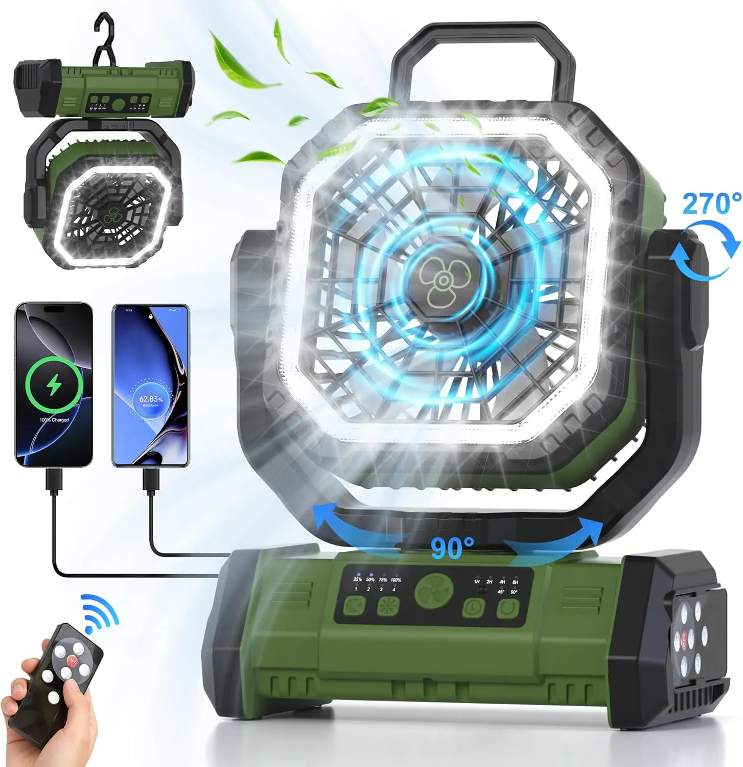 2026 Upgraded 30000mAh Portable Camping Fan with 270° Auto-Oscillating, Rechargeable Battery Operated Fan with LED Light & Remote, USB Tent Fan with Hook for Travel, Worksite, Emergency Outage, Hurricane Season Essentials, Father's Day Gifts