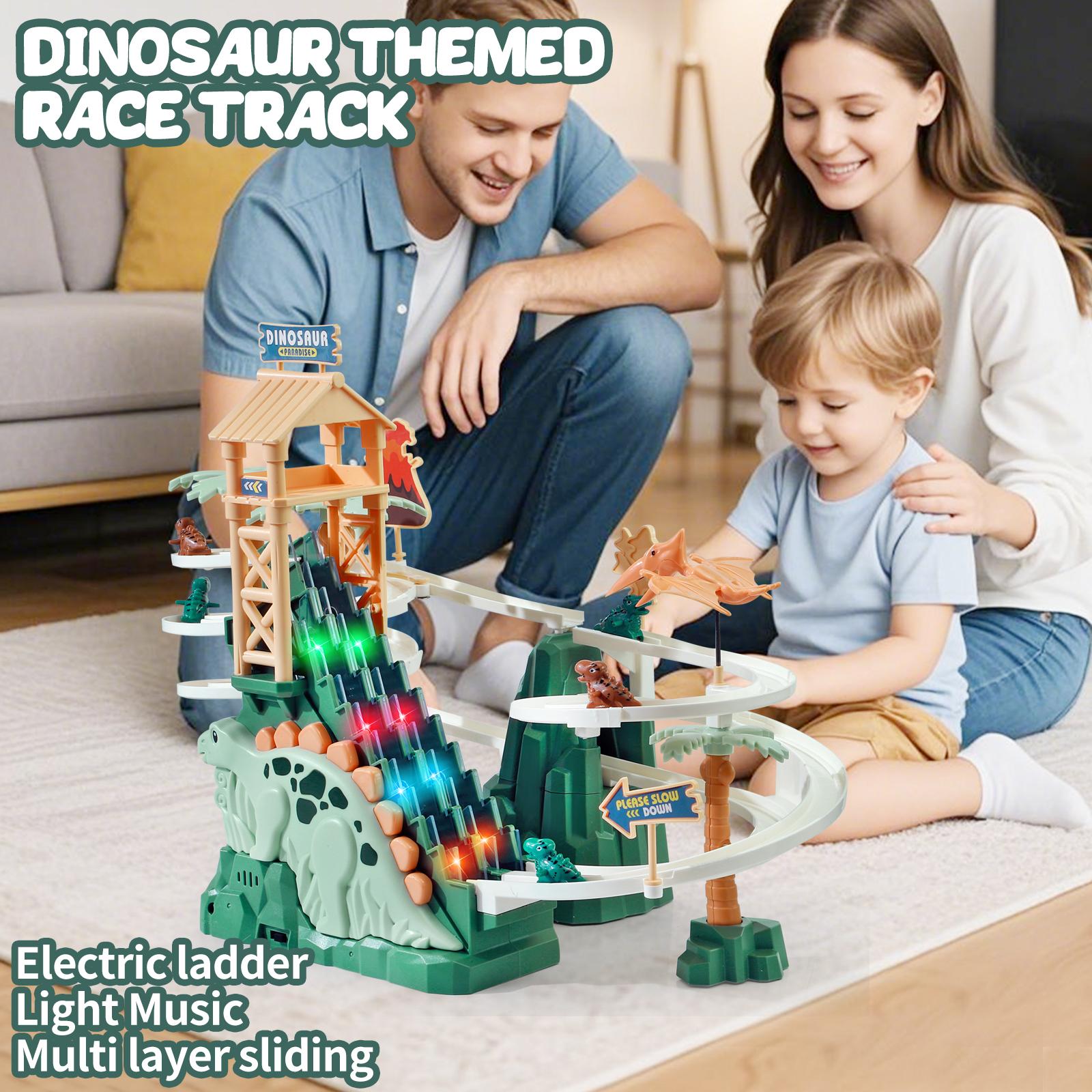 Dinosaur Chasing Race Track with Double Loop, 5 Mini Dinosaur Cars, Climbing Slide Toy with Lights & Music, Fun Stair Climbing Toy for Kids
