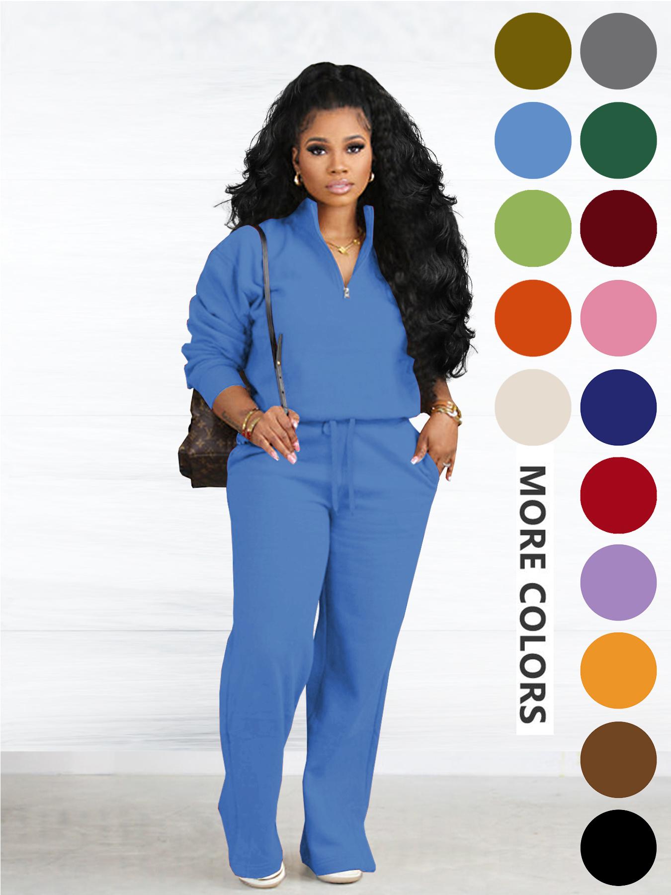 Women's Two-piece Set Solid Zip Up Funnel Neck Sweatshirt & Drawstring Waist Pants Casual Fall Winter Workout Sets Cozy Drop Shoulder Long Sleeve Top Pocket Trousers for Daily Outdoor Wear