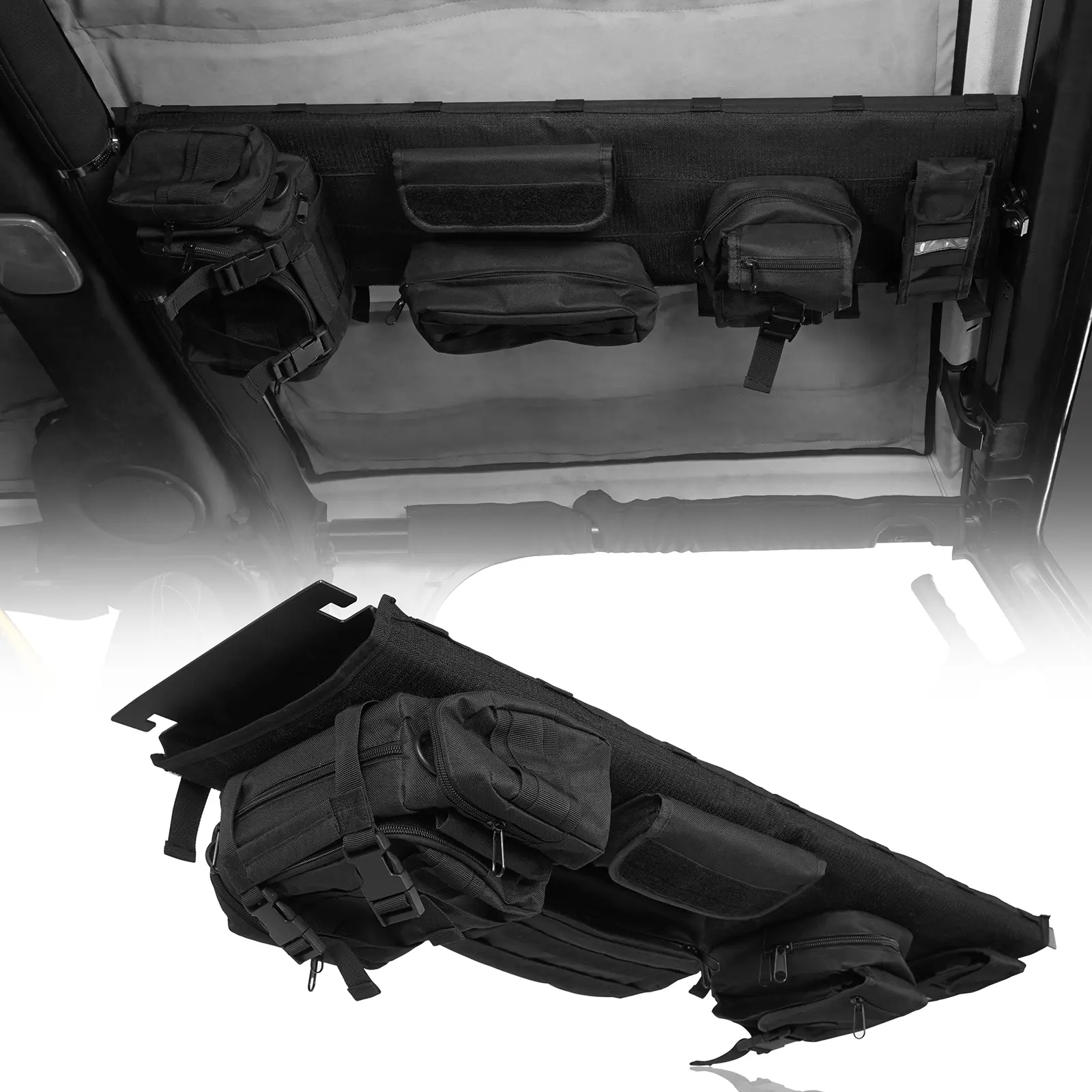 Hooke Road Steel Frame Front Overhead MOLLE Panel Bolt-On Kit for 1997-2006 Jeep Wrangler TJ Factory Roll Bar - 5×MOLLE Oxford Pouches (Hook and Loop, Modular Pouch Swap), 4 Mounting Brackets, Magnetic Mount, 34.7x11.5in, Easy-Installation Hardware