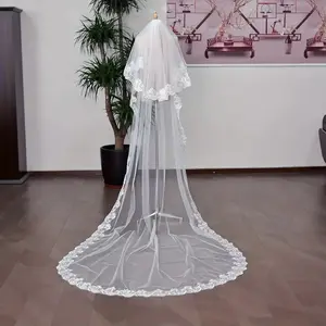 Exquisite Romantic Bridal Veil Long Tail Wedding Dress with Elegant Flower Pattern and Lace Edge Accessory for Timeless Weddings and Formal Events