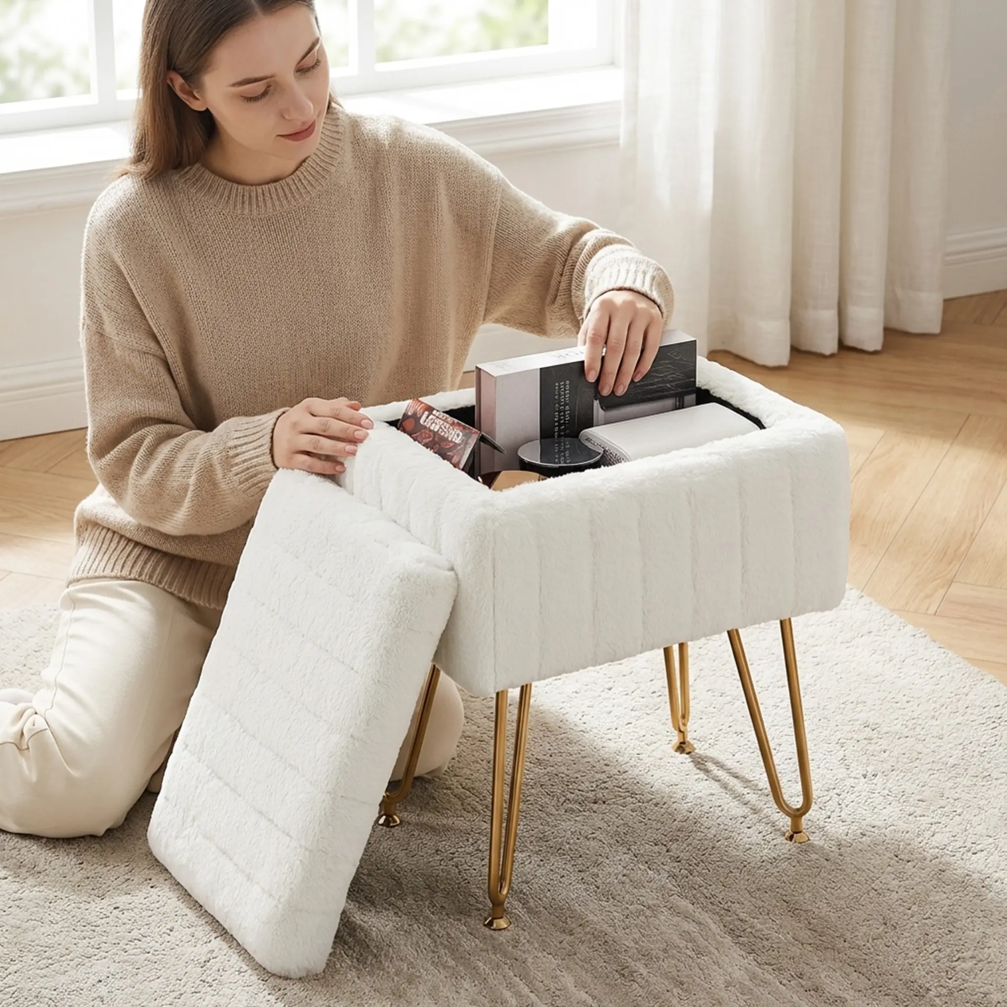 Vanity Stool Chair with Storage, Ottoman Faux Fur Soft Padded Makeup Footstools Seat Modern Footrest for Home Entryway Bedroom