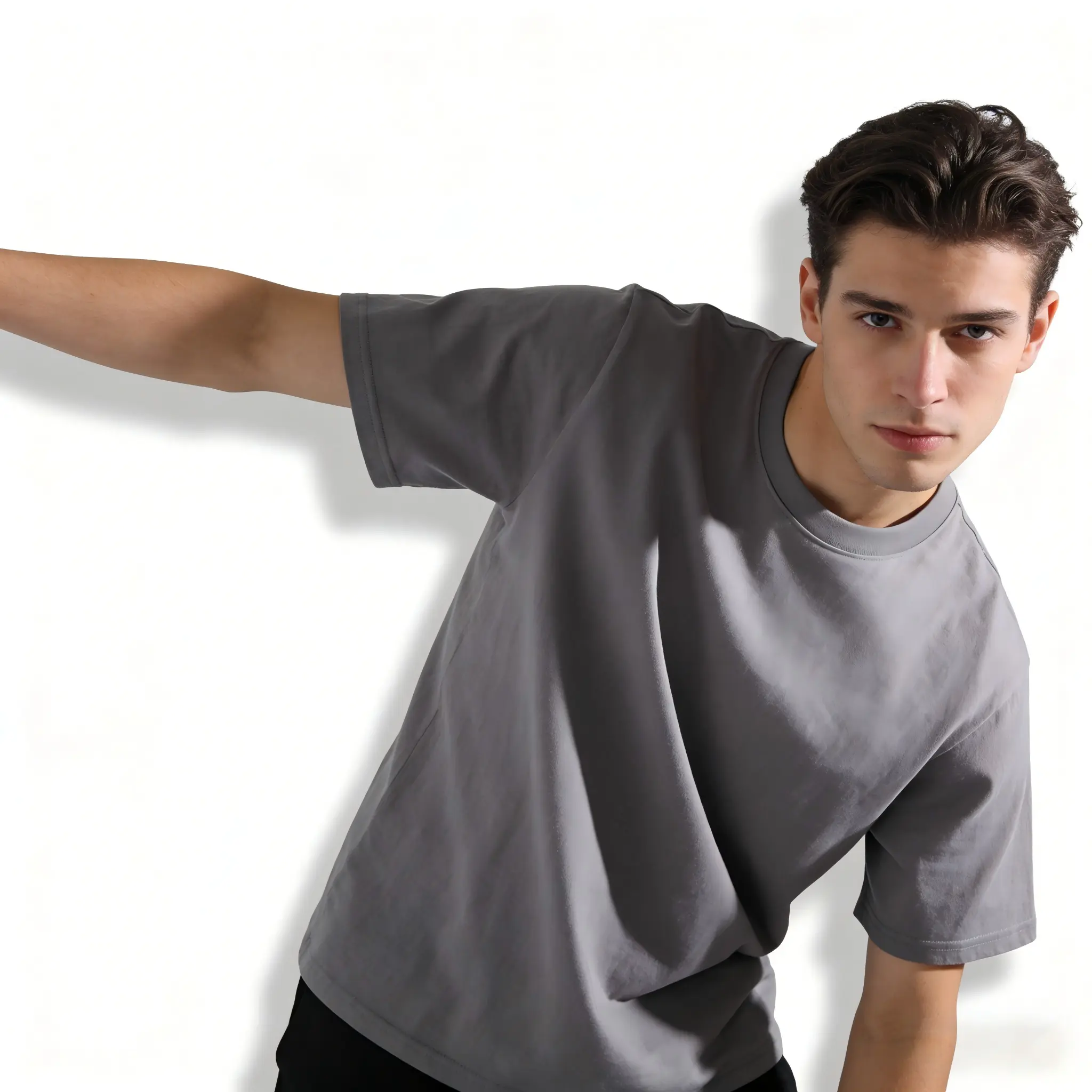 Men's 100% Cotton Heavyweight Short-Sleeve Crewneck T-Shirt - Oversized Retro Loose-Fitting Casual Streetwear Top, Soft Breathable Heat Transfer Charcoal Gray All-Seasons Machine-Washable Menswear Apparel