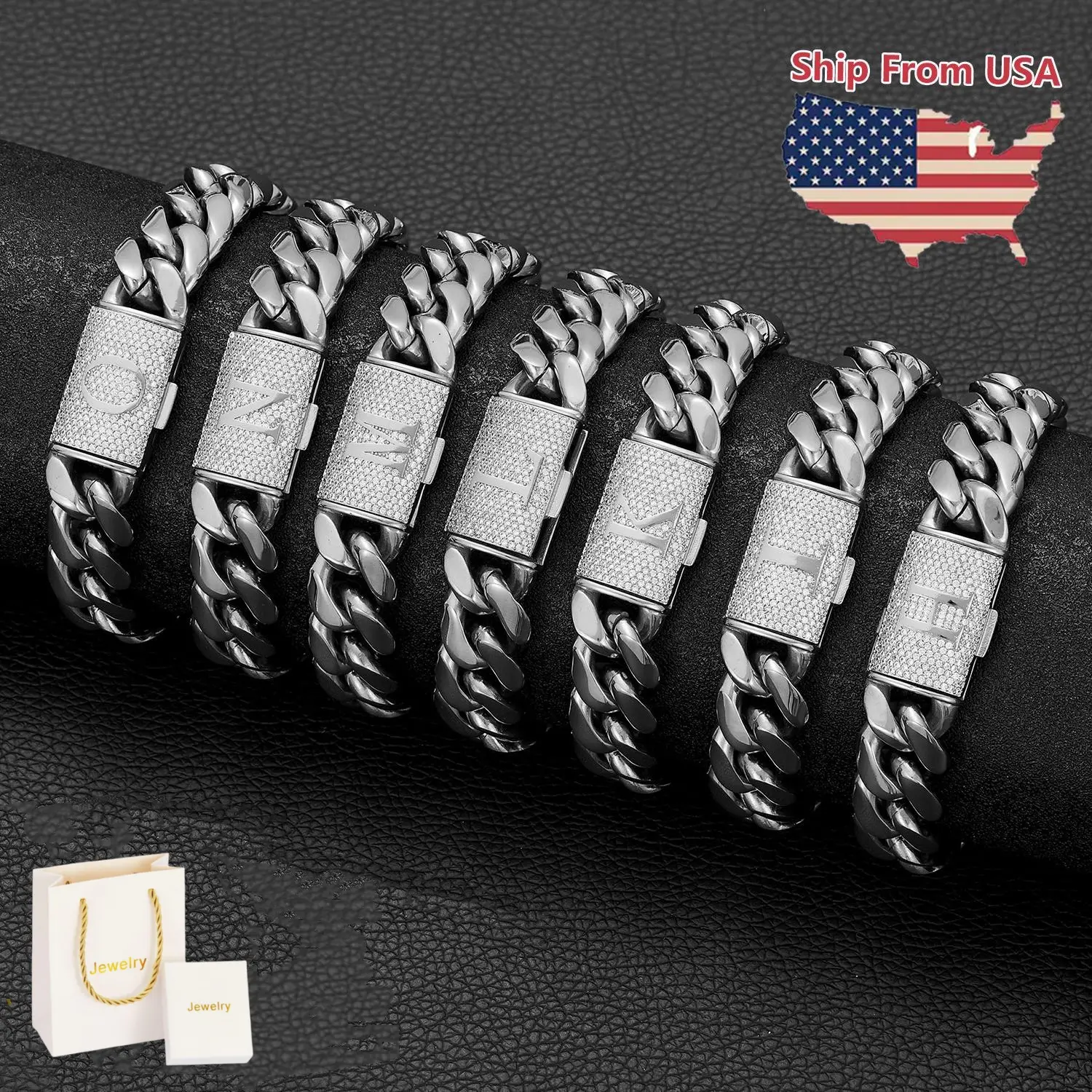 14MM Initial Letter A-Z Cuban Bracelet Link Stainless Steel Miami Hip Hop Punk Chain with CZ for Men Boy Christmas Birthday Gift