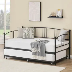 Gaomon Metal Twin Daybed with 6-Caster Pullout Trundle, Steel Slat Support Sofa Bed - A Trundle Bed for Living Room, Bedroom (Black)