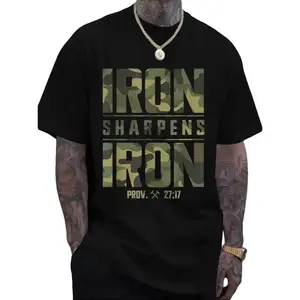 Men's Oversized Cotton Graphic T-Shirt "IRON SHARPENS IRON" & Proverbs 27:17 Bible Verse Design Geometric Print Casual Streetwear Tee Breathable Summer Top Machine Washable Summer Fashion Camouflage Pattern Durable Fabric