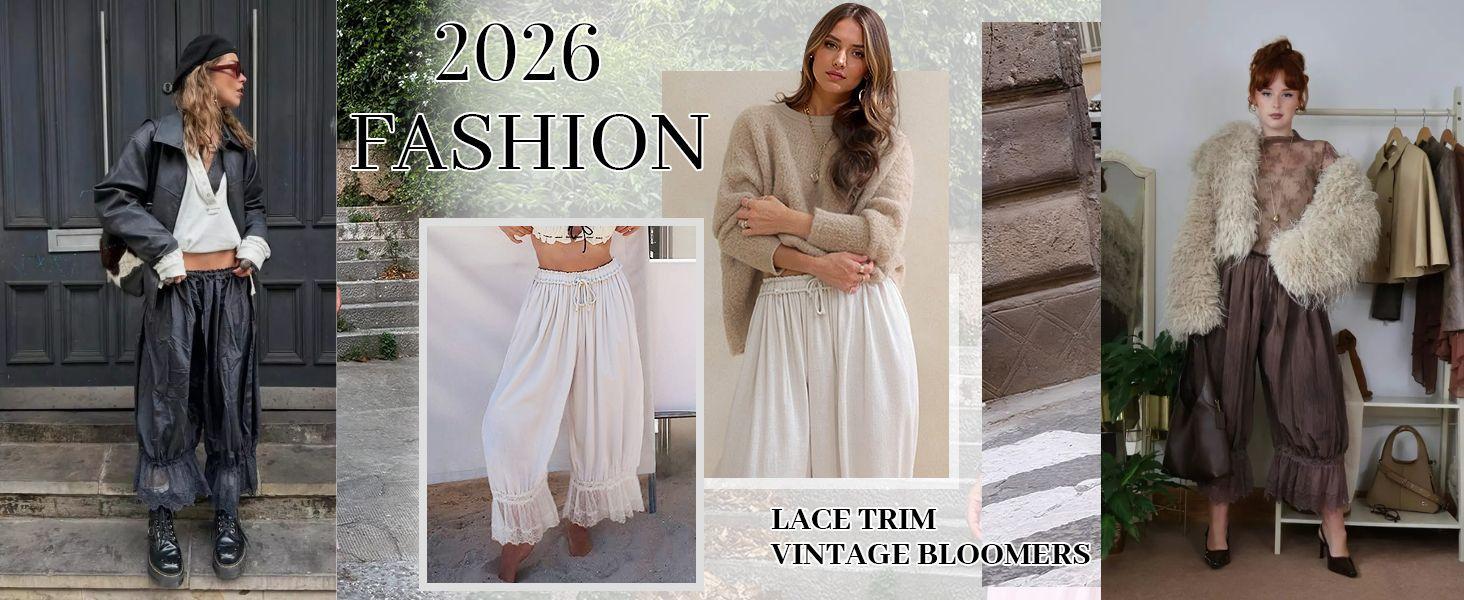 Lace Bloomer Pants for Women Capri Yoga Pants YeeZaa Y2k Elastic Waist Lace Patchwork Pettipants Ruffle Long Going Out Streetwear Lightweight Flared Slips Pants Pajama Bottoms 2026 Spring Summer Fashion Forever Young Bloomer Pants summerwins
