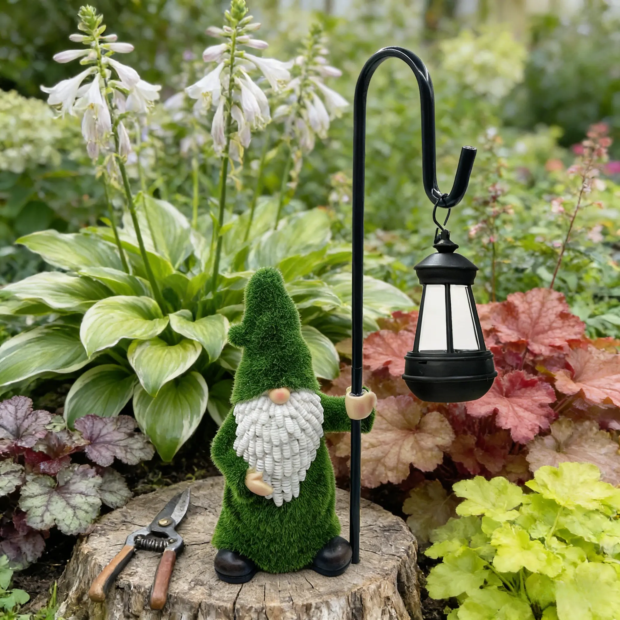 Whimsical Flocked Garden Gnome with Solar Lantern | Cozy Nighttime Decor for Your Yard
