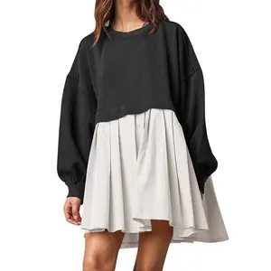 Women's Casual Oversized Crewneck Hoodie Dress: Long Sleeve Baggy Patchwork Pleated Flowy Mini Dresses