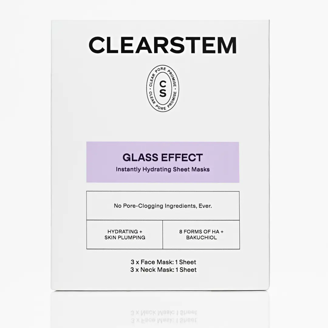 [CLEARSTEM] GLASS EFFECT Instantly Hydrating Sheet Masks, Individually Packaged, Face and Neck, Multi-Weight Hyaluronic Acid, Bakuchiol, Allantoin, Nourishing, Refreshing, Plumping, Calming, For Acne-Prone Skin, 3 Face Masks, 3 Neck Masks