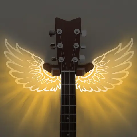 Luminous Angel Wings Guitar Hanger,LED Guitar Wall Mount Stand, Wooden Acrylic Guitar Holder Shelf, Wall Mount for Acoustic Electric Bass Ukulele, Room Decor, Gift for Music Lovers, Birthday Christmas Gift Lighting,familyfun