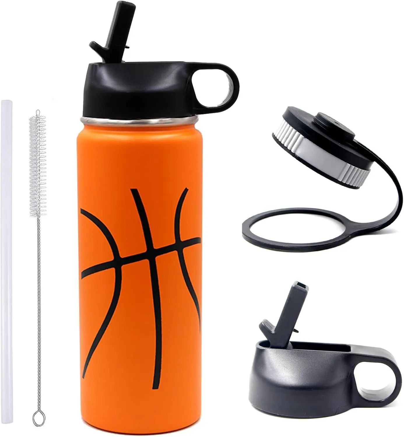 FMYWZS 18 oz Basketball Water Bottle, Stainless Steel Vacuum Insulated Water Bottle with Straw and 2 Lids, Double Wall Leakproof Sports Flask, Basketball Accessories for Boys, Kids, Girls, Coach