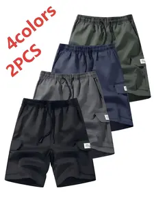 Men’s 2-pack casual solid-color American-style cargo shorts, regular fit drawstring design with side pockets, suitable for summer outdoor leisure and work