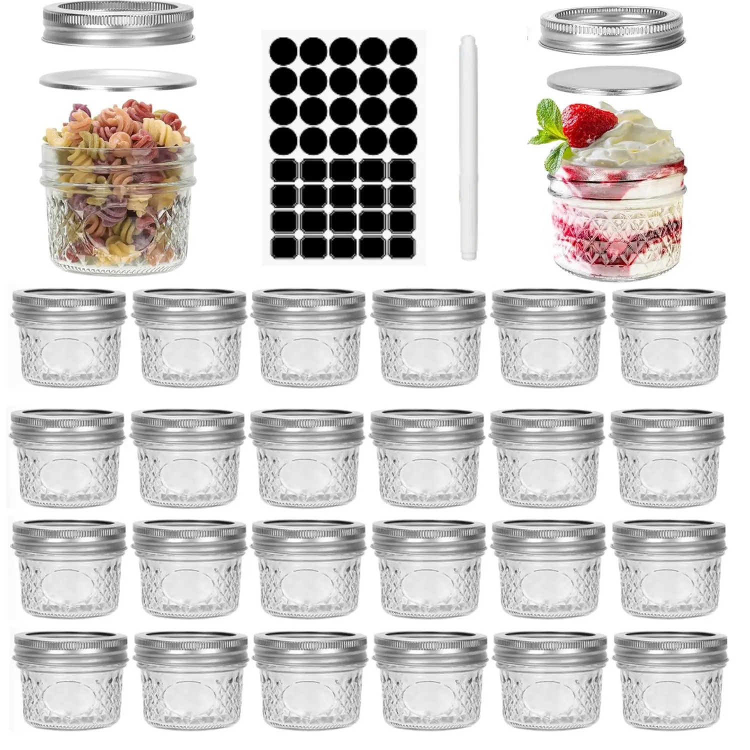 24-Pack Retro Look 4 oz Mini Mason Glass Canning Jars Set with Silver Regular Lids, Leakproof Airtight Canister for Kitchen Storage, Honey, Jam, Bath Use (Includes Stickers)