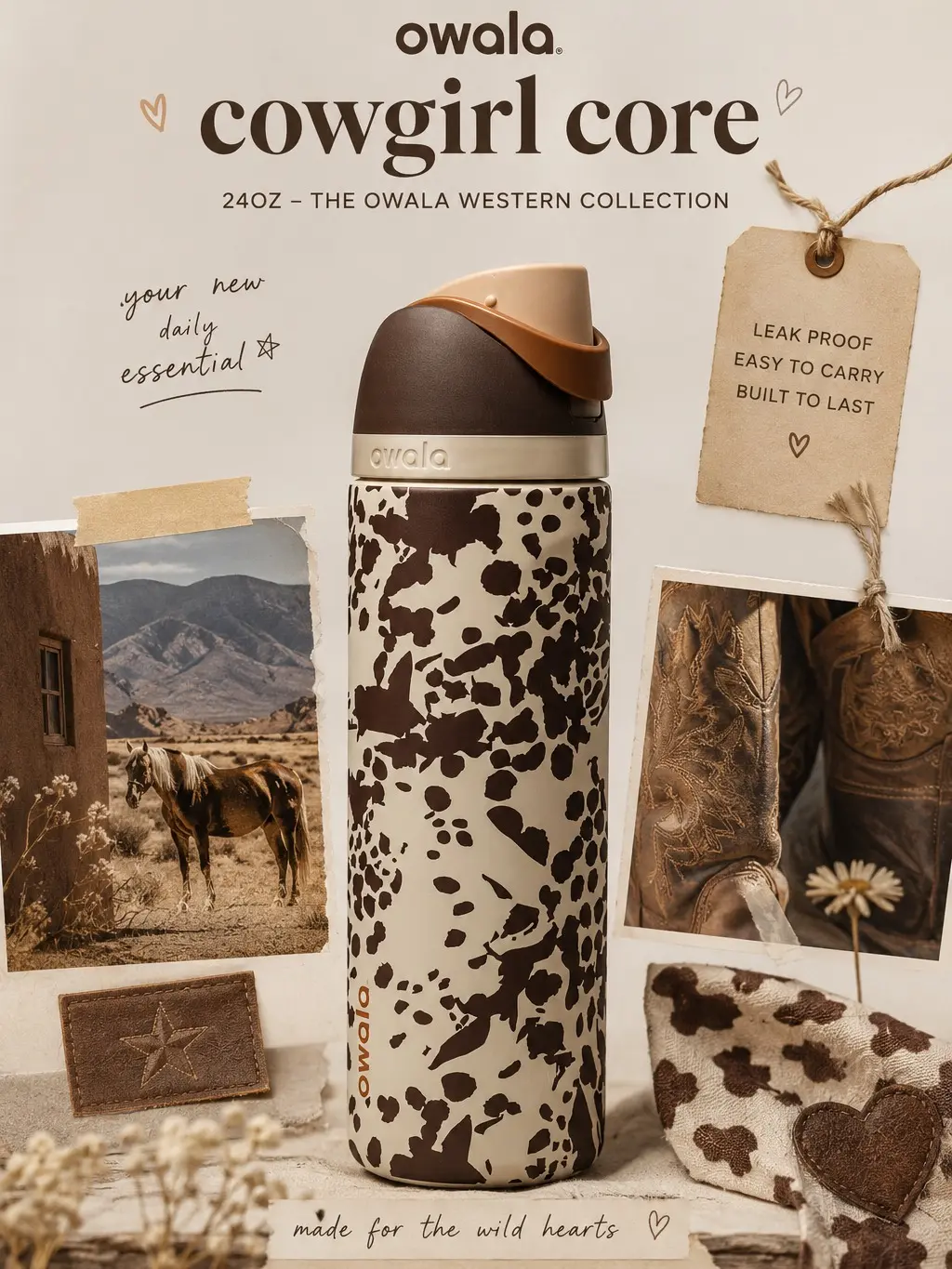 Owala Color Drop Cowgirl Core 24oz FreeSip Bottle, Insulated Stainless Steel Western Water Bottle with Built-In Straw