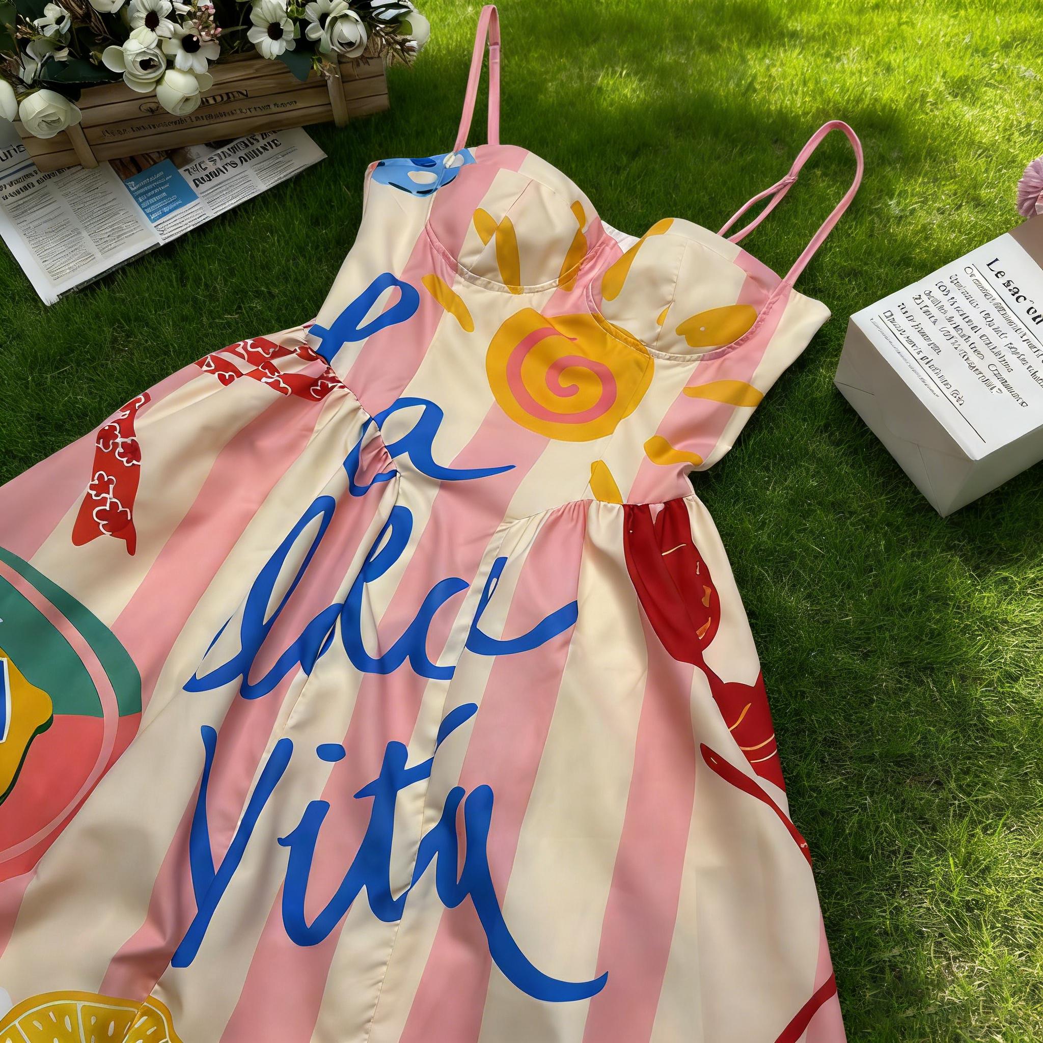 French Elegance Seaside Holiday Striped Printed Princess Dress Women's Midi Graphic A-Line Dress for Daily Life Tropical Flavour Breathable Lightweight Casual Chic Style Loose Fit Minimalist Outfit Top #SpringStatements