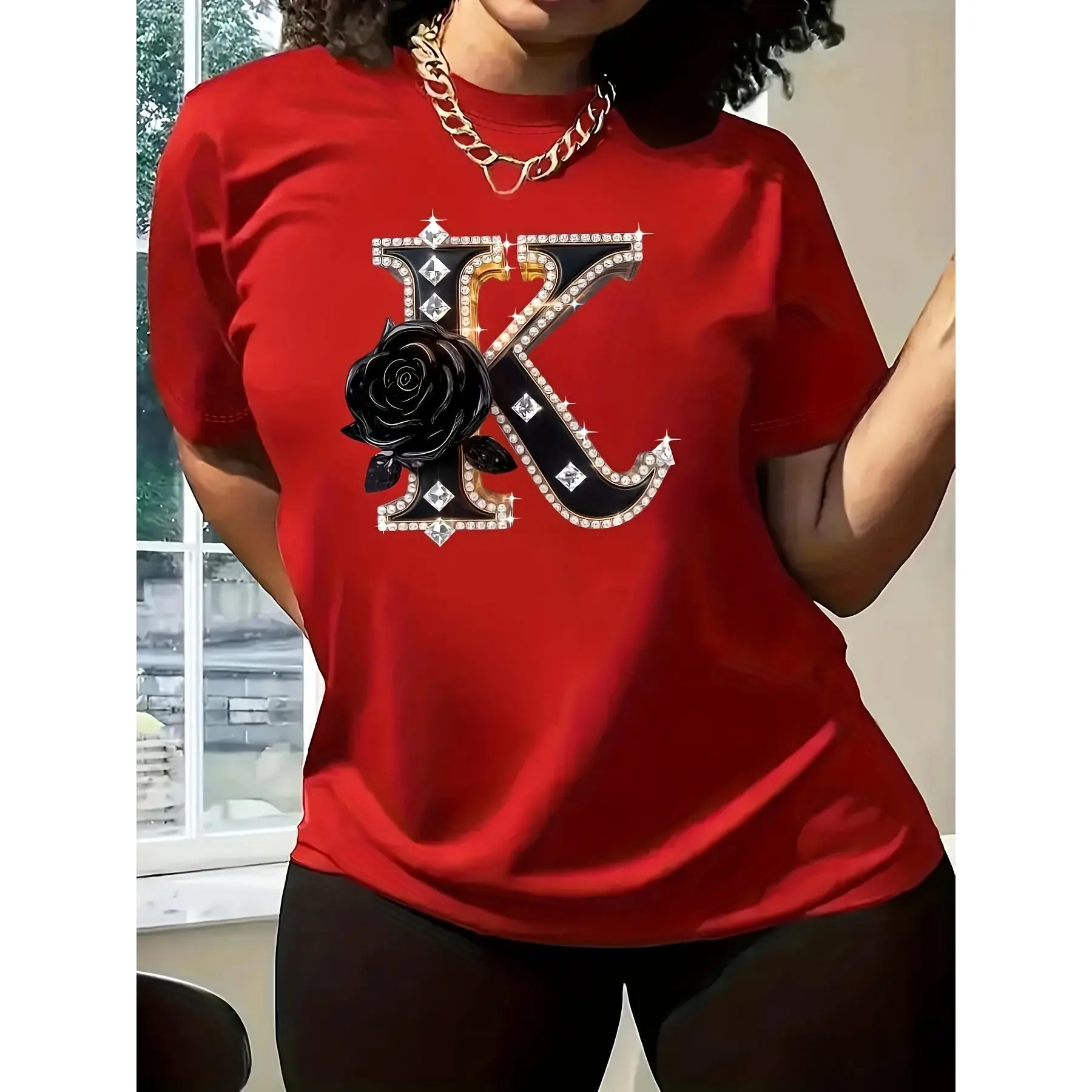 Letter K Rhinestone Black Rose Tee, Glam Monogram Initial T-Shirt, Red Luxe Statement Top