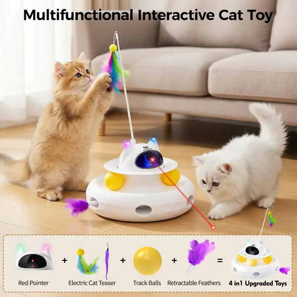 5-in-1 Interactive Cat Toy | Light Pointer & Rotating Feather Teaser & Track & Hide-and-Seek | Automatic Kitten Toy for Bored Indoor Cats