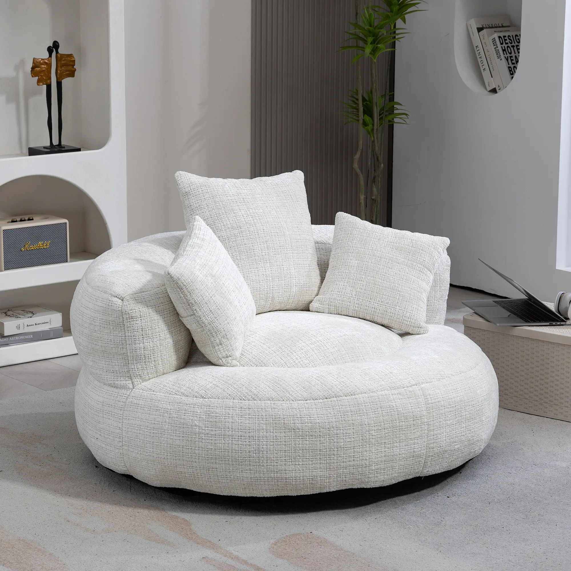 Giant Bean Bag Chairs for Adults, 42'' Oversized Beanbag Round Couch, Lazy Floor Sofa with 3 Pillows, Chenille Boneless Chair, Memory Foam Bean Bag Chairs for Living Room Bedroom, No Assembly