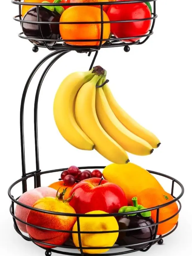 Iron 2-Tier Fruit & Vegetable Basket with Banana Hanger, Black Countertop Fruit Bowl Organizer, Detachable Storage Stand for Kitchen Counter, Bread, Produce & Snacks, No-Tool Assembly