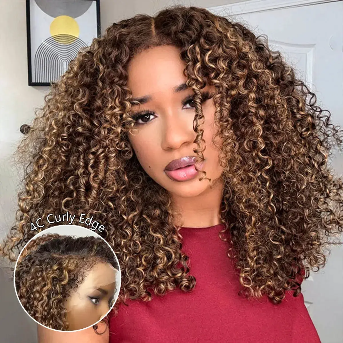 【18" 16" Same Price Only $129】StayLock 720° Snug Fit Glueless Blonde Highlight Water Wave /Kinky Curl Wig 7x5 Lace Pre-Bleached Human Hair Wigs