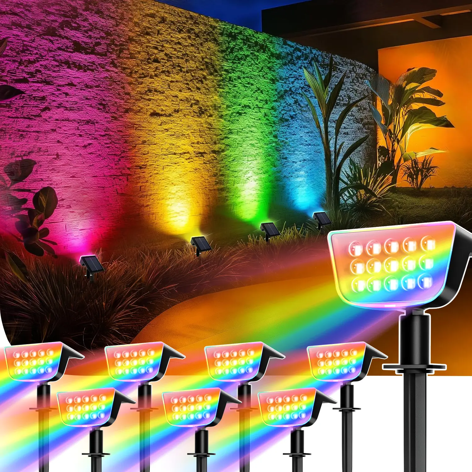 Halloween Adjustable RGB Solar Outdoor Landscape Spotlights, Christmas Upgraded Lights with 6 Fixed Colors, RGB Cycle, Warm White, Light-Gathering Concave Lens, Auto ON/OFF, Waterproof for Walkways Backyard Accent Lighting