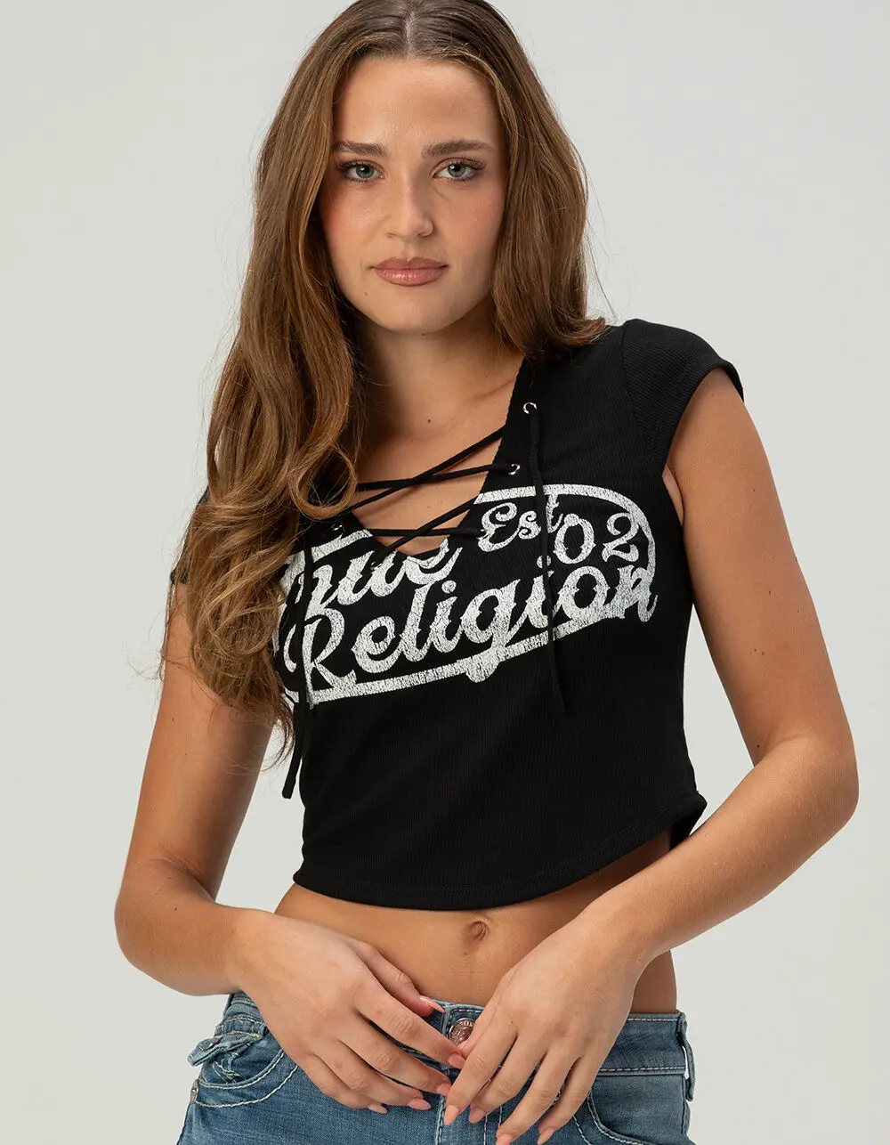 TRUE RELIGION Womens Lace-Up Cap Sleeve Ribbed Top